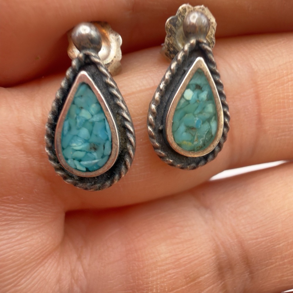 Vintage Sterling Silver Turquoise Inlay Earrings Teardrop Stud Rope Southwestern